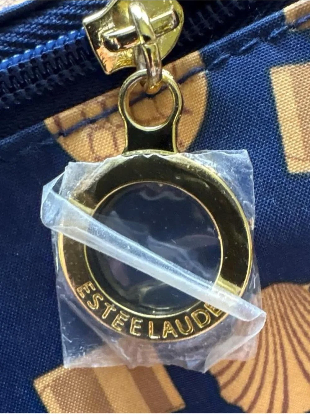 Estee Lauder Blue and Gold Printed Satin Zip Pouch